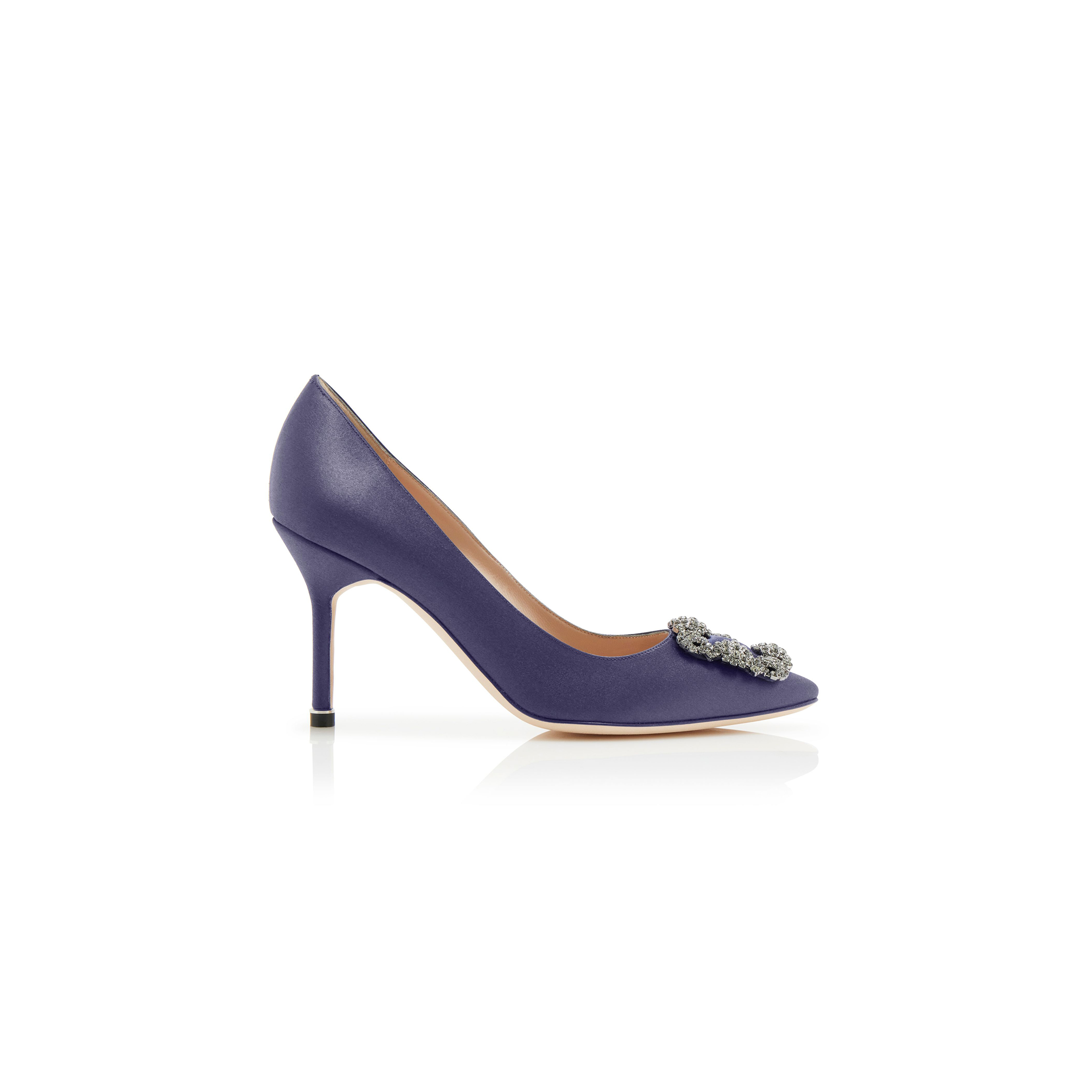 MANOLO BLAHNIK HANGISI 90 DARK BLUE SATIN JEWEL BUCKLE PUMPS 9XX-0663-0031
